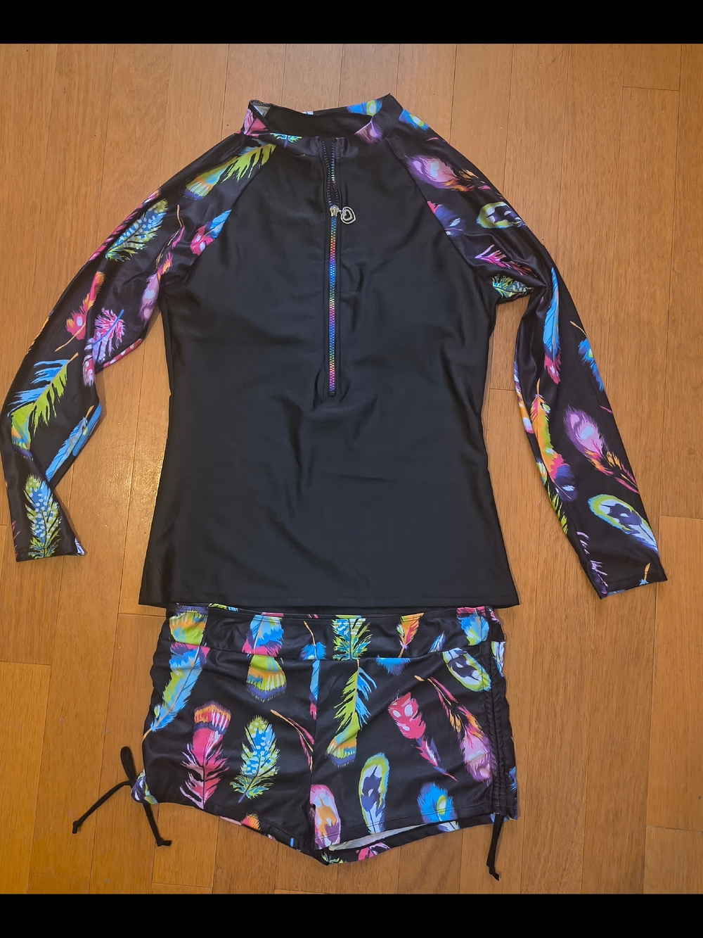 Women's Black Rash Guard Swim Set with Multicolor Feather Print - Zipper Front